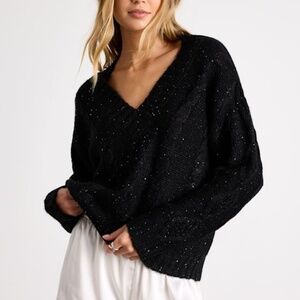 Lulus Ewan Black Sequin Cable Knit V-neck Sweater - Size M